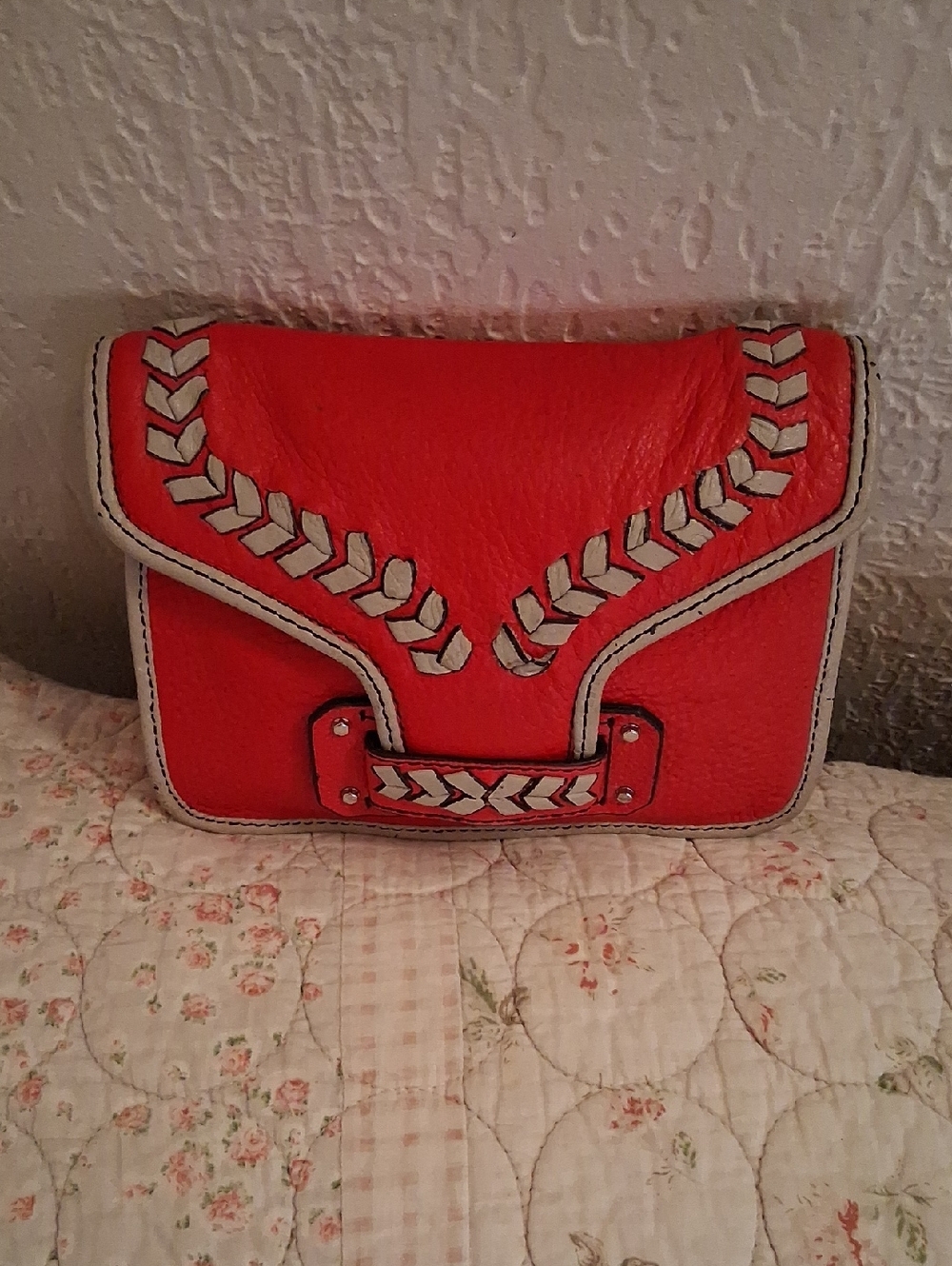 orYANY Red Leather Crossbody with White Braided Trim